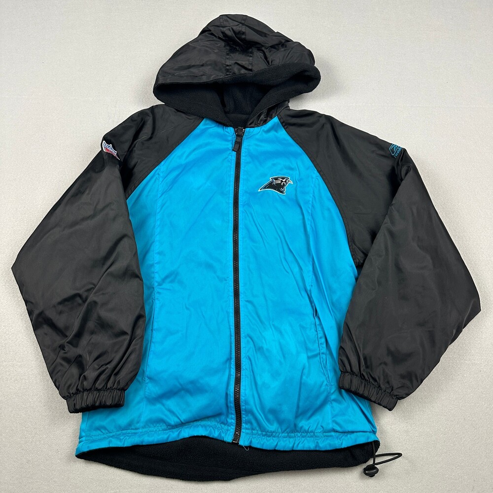 Vintage Carolina Panthers Jacket Boys L Blue Reebok Zip Reversible Hood 90s